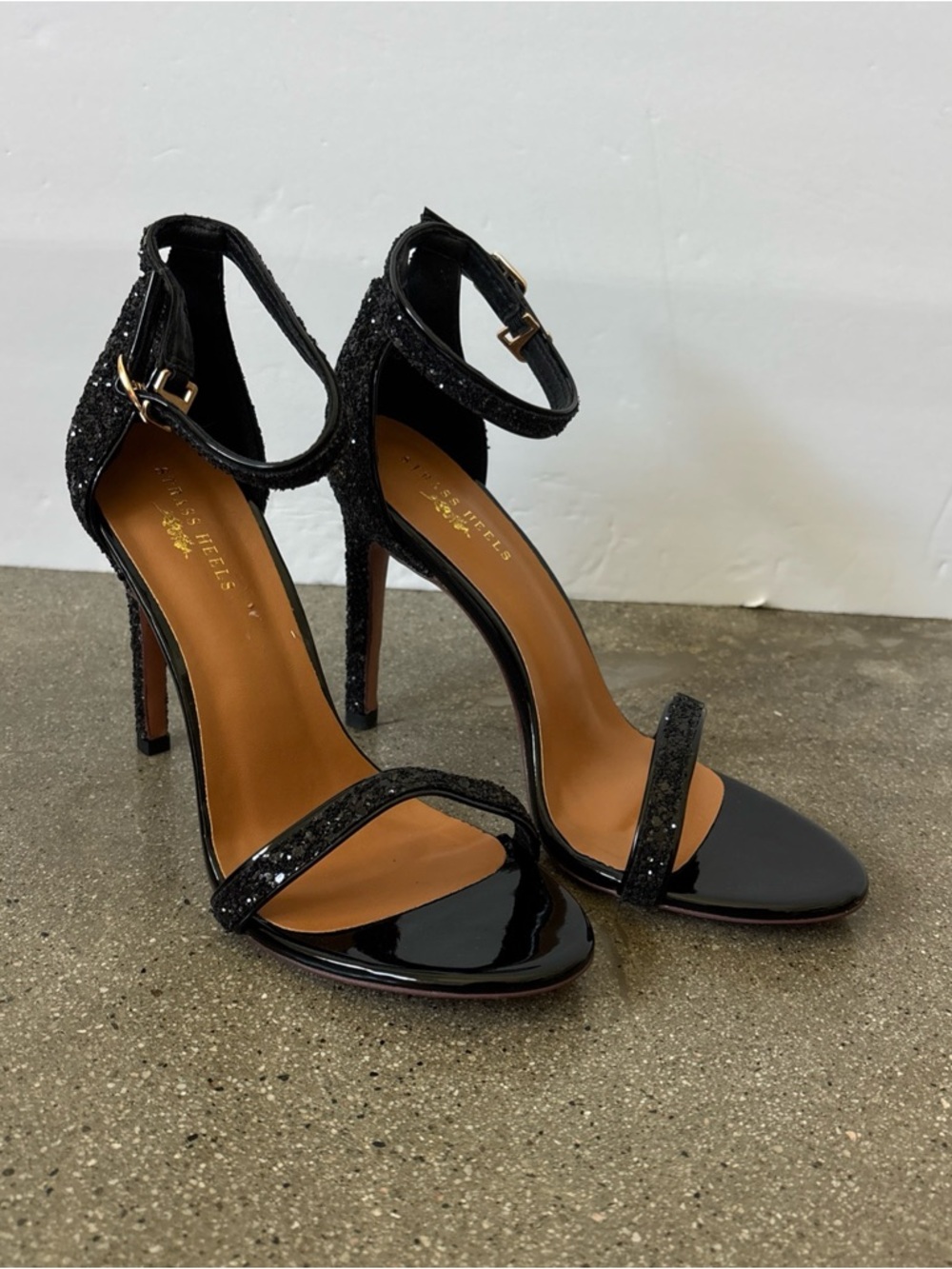 Black Glitter Ankle-Strap Stiletto Heels